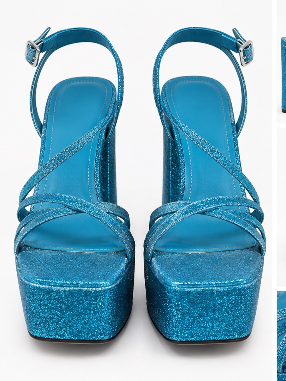 Blue Glitter Platform Sandals with Ankle Strap